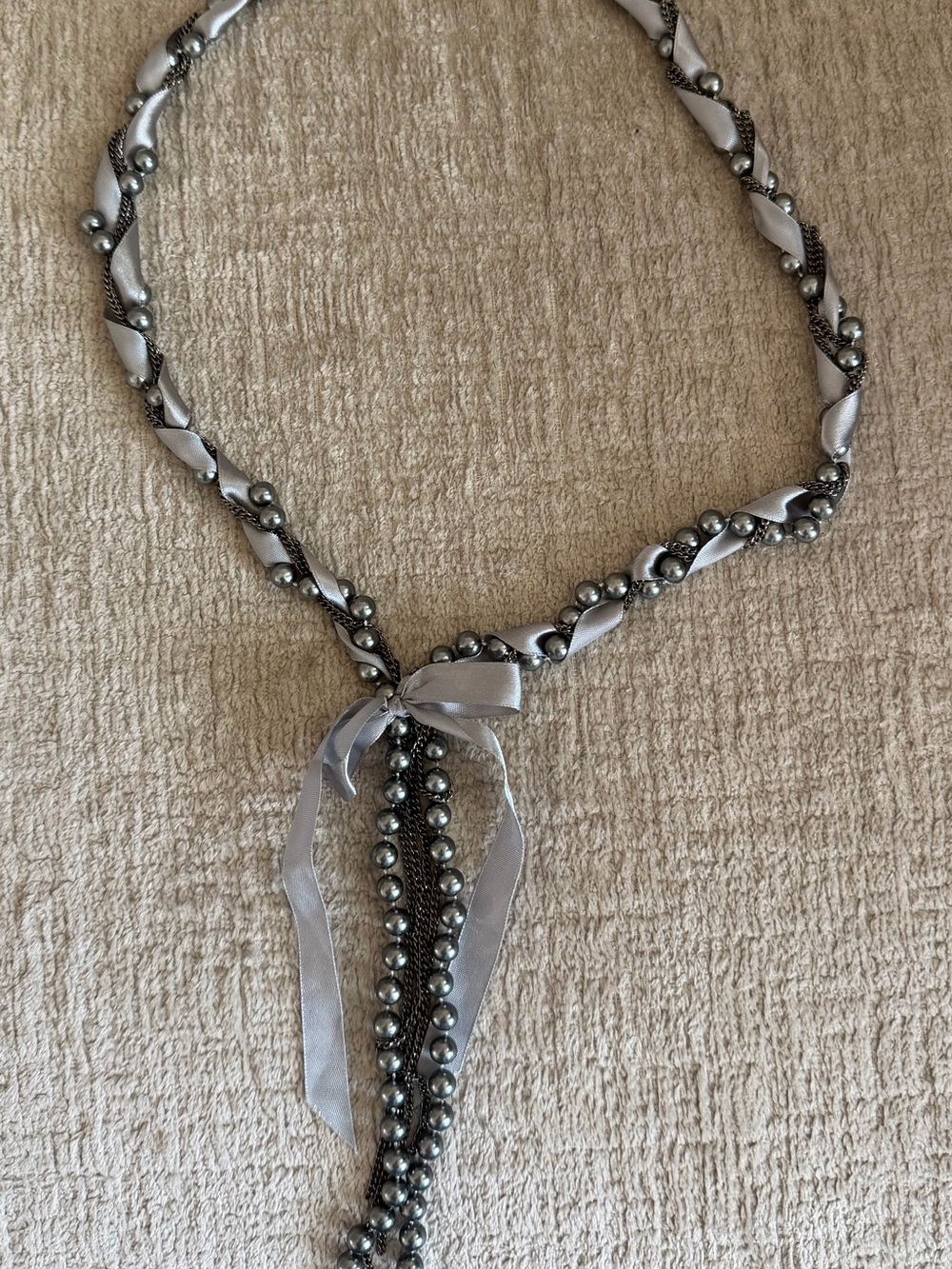 Vintage Escada Silver Ribbon & Bead Lariat Necklace
